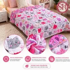 Edredom Solteiro Dupla Face Estampada 100% Microfibra Menino e Menina Rosa Azul Infantil Criança