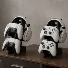 Suporte Duplo Controle Video Game e Fone de Ouvido Headset Mdf Preto Mesa Organizada Setup Gamer