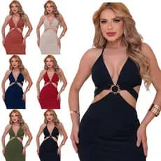 Vestido Canelado Feminino com Pingente de Sol com Recorte na Cintura Justo Elegante - Veste até 42