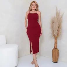 Vestido Midi Canelado Feminino de Alcinha com Bojo e Amarração nas Costas - Veste até 42