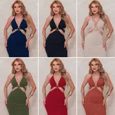 Vestido Midi Canelado com Detalhe de Sol Dourado