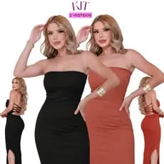 Kit 2 Vestidos Midi Tomara Que Caia Canelado com Bojo – Veste 38 ao 40
