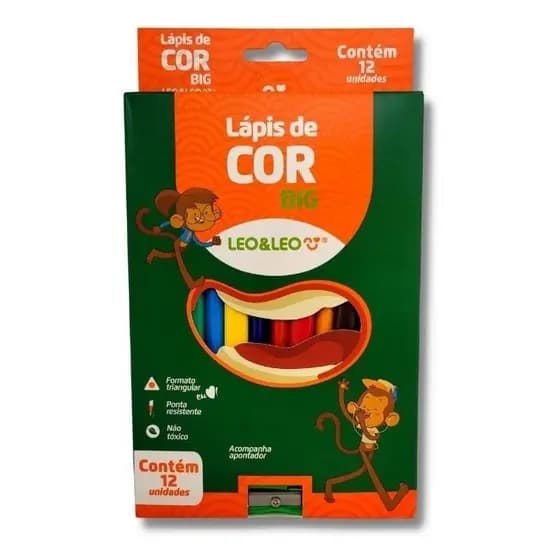 Lápis Super Jumbo Big 12 Cores Grosso + Apontador Leo E Leo