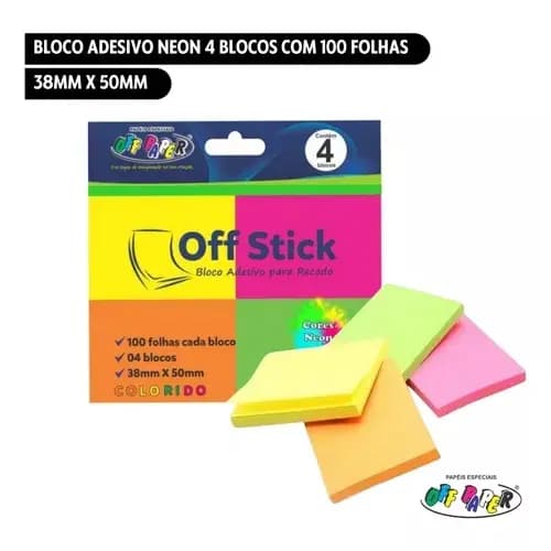 Bloco Adesivo Neon 38x50 4 Blocos Com 100fls Cores Off Stick