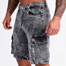 【TUNG JEANS】Bermuda Jeans Masculino Cargo Cinza Solto Vários Bolsos Fêmea Shorts Jeans