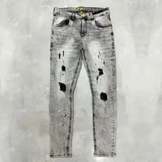 TUNG JEANS】Calça Jeans Rasgada Homens Autocultivo Cinza Manchas Tinta Calça Jeans