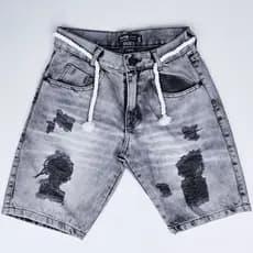 TJ Unissex Bermuda Jeans Rasgado Cinza Com Corda Cintura Shorts Jeans Rasgados 100% Jeans