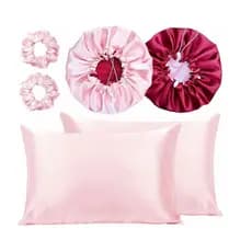 Kit Cetim 2 Fronhas 2 toucas dupla face com regulador 2 Scrunchies
