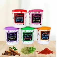 Kit 5 Porta Tempero Decorado com Tampas Mini Potes Coloridos Multiuso Organizador Alimentos pó Cozinha Casa Domestico
