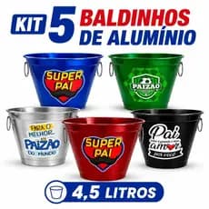 Kit Com 5 Baldes de Gelo Em Alumínio Médio 4,5 Litros Dia os Pais Presente Super Pai Balde Para Gelo