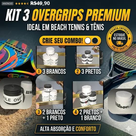 3 Overgrip Branco e Preto Kit único ou misto para melhor performance no seu Beach Tennis e Tenis