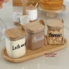 KIT 3 POTES 400ML COM TAMPA COLHER E BANDEJA DE BAMBU JÚLIA