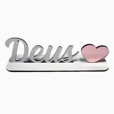 Palavra Decorativa Deus em MDF e Acrílico Branco e Preto Decoração de Mesa Prateleira