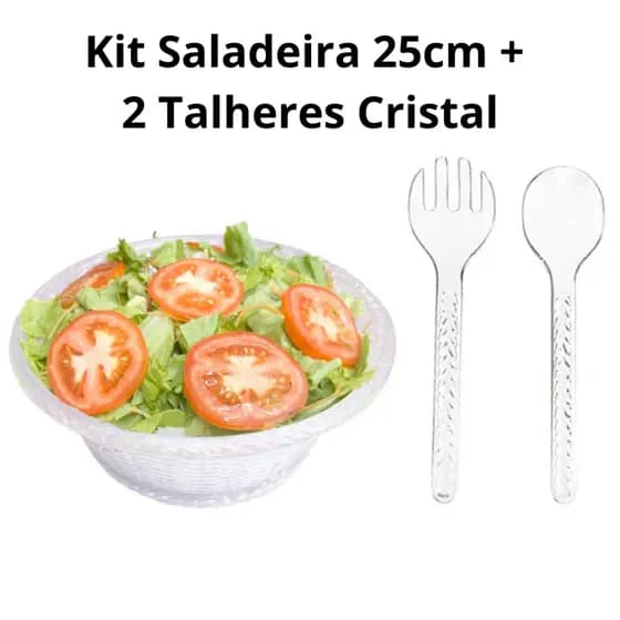 kit saladeira Cristal Trança 25 cm  + colher + garfo de salada acrílico transparente