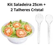 kit saladeira Cristal Trança 25 cm  + colher + garfo de salada acrílico transparente