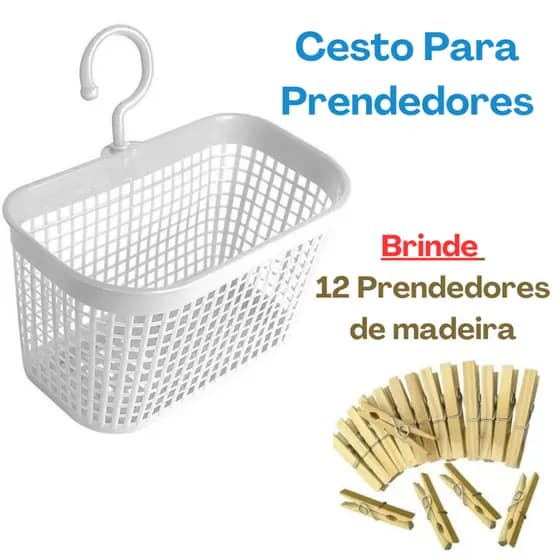 Cesto De Prendedores Pregador De Roupas Para Varal Com Alça + Brinde 12 Prendedores de madeira