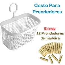 Cesto De Prendedores Pregador De Roupas Para Varal Com Alça + Brinde 12 Prendedores de madeira