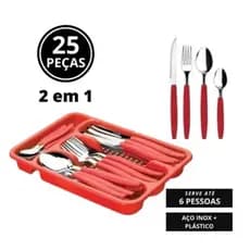 Faqueiro Inox + Plastico Jogo De Talheres Porta Talher Com 25 Peças Vermelho