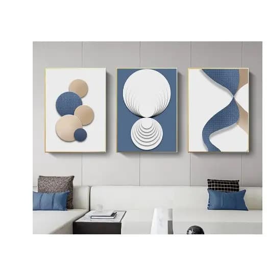 kit 3 Quadros Decorativo Mdf Mosaico 120x60 Ótima Qualidade 4k Formas Azuis e Brancas Abstrato