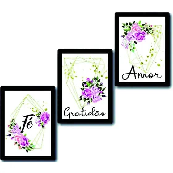 Placas Decorativas 3 peças Fé Amor Gratidão Flores Lilás Folhagem sala quarto cozinha