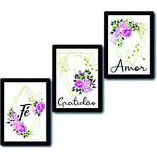 Placas Decorativas 3 peças Fé Amor Gratidão Flores Lilás Folhagem sala quarto cozinha