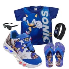 Tenis de LED infantil Sonic masculino mais chinelo mais camisa mais relogio e oculos