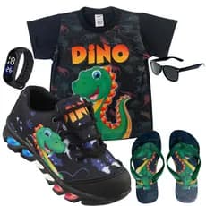 Tenis de LED infantil Dinossauro masculino mais Chinelo mais Camisa mais Relogio e Oculos