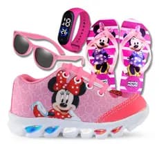 Kit Tênis Minnie Menina Com Led Infantil Passeio Confortável Chinelo Relógio e Óculos