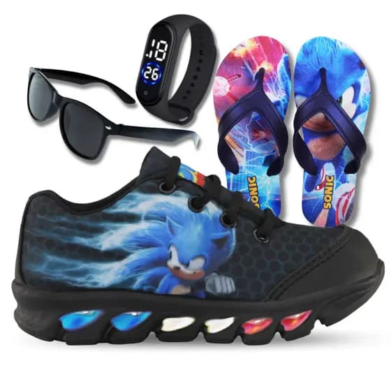 Kit Tênis Sonic Com Led Coloridas Reforçada Chinelo Relógio e Óculos