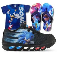 Kit Tênis Sonic Com Led Colorida Dia a Dia Camisa e Chinelo
