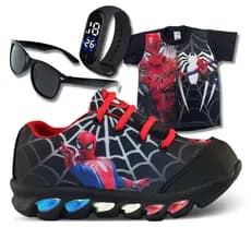 Kit Tênis Com Led Homem Aranha Camisa Relógio e Óculos