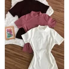 Kit 3 Blusas Femininas Estilosas Gola Alta Com Manga Curta Lisa Sem Estampa PREMIUM em Algodão