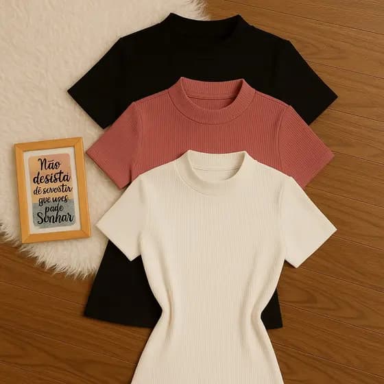 Kit 2 Peças Blusas Gola Alta Ribana Feminina Lisa Sem Estampa