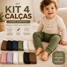 Kit 4 Peças Calças Bebê Mijão Infantil Malha em Algodão Confortável Cores Sortidas Unissex Tamanhos Do P Ao 3
