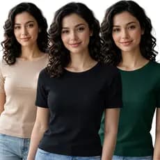 Kit 3 Peças Blusa Ribana Básica Feminina Malha Canelada Premium P Ao GG
