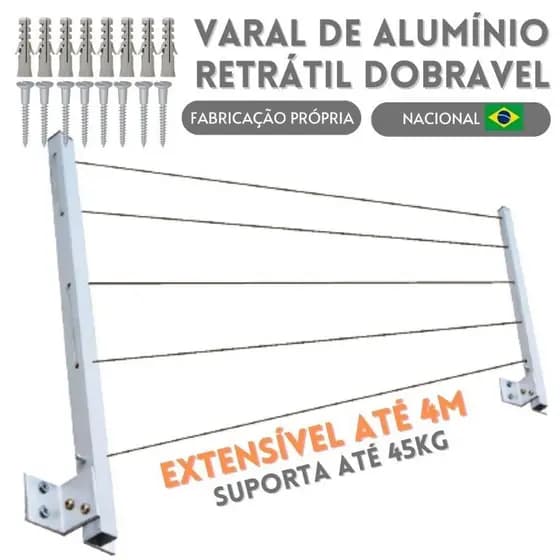 Varal de Parede Alumínio Retrátil Reforçado Roupas Até 45KG