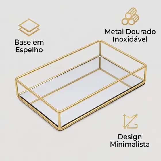 Bandeja Decorativa Espelhada Dourada Luxo Retangular Sala Lavabo Banheiro Mesa de Centro