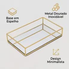 Bandeja Decorativa Espelhada Dourada Luxo Retangular Sala Lavabo Banheiro Mesa de Centro