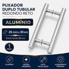 Puxador Tubular Reto Redondo de Aluminio 25mm X 30cm entre furos 20cm