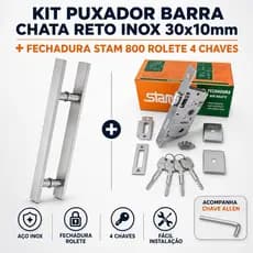 Kit Puxador Barra Chata Reto Inox 40x10mm Pé Redondo+Fechadura Stam 800 Rolete 4 Chaves