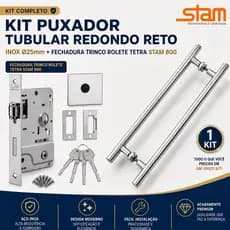 Kit Puxador Tubular Redondo Reto Inox Ø25mm + Fechadura Trinco Rolete Tetra Stam 800
