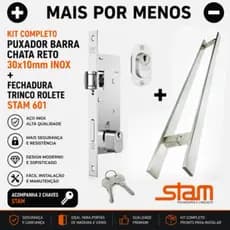 Kit Puxador Barra Chata Reto 40x10mm Inox + Fechadura Trinco Rolete Stam 601
