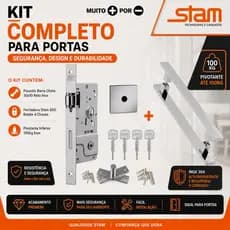Kit Puxador Barra Chata 40x10 Reto Inox +Fechadura Stam 800 Rolete 4 Chaves+Pivotante 100kg Inox
