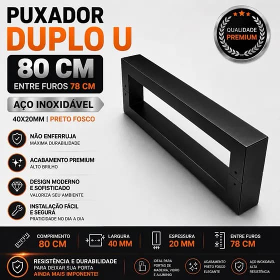 Puxador Duplo U 80cm Aço Inox 40x20mm Preto Fosco