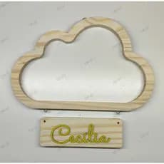 Nicho nuvem em pinus + placa com nome em mdf colorido (adesivado no vinil)