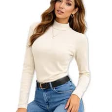 Blusa Feminina Manga Longa de Ribana Canelada de Algodão para o Outono / Inverno - Blusinha Feminina Básica de frio