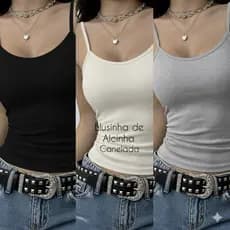 Kit 3 Blusinhas Caneladas Femininas de Alcinha Básica P M G Algodão