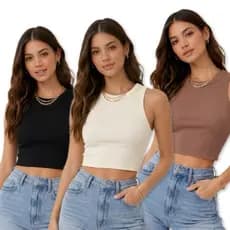 KIT 3 CROPPED CANELADO REGATA FEMININO BÁSICO BLUSA TENDÊNCIA