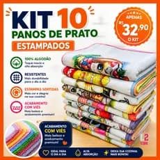 Kit 10 Panos de Prato 100% Algodão com Viés