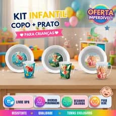 Kit Alimentação Infantil Prato e Caneca 2 Peças com Personagens Coloridos Kit Refeição Crianças